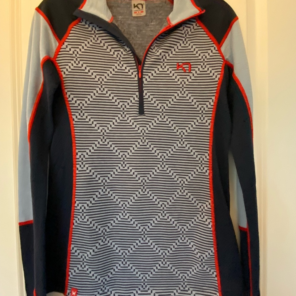 Kari Traa Rhett Navy and Light Blue Wool 1/4 Zip Top Sz M NWOT